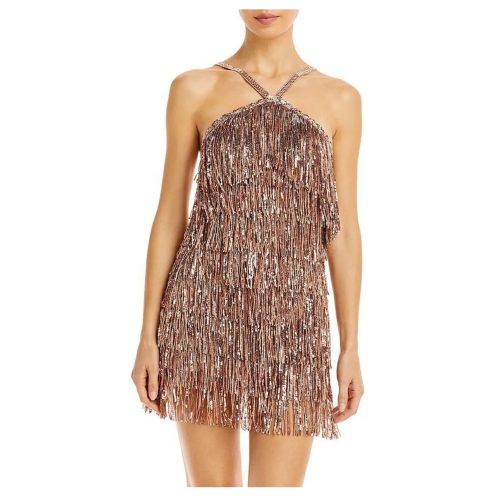BRONX AND BANCO Isle Sequin Fringe Mini Dress in Rose Gold (Like New, Size L)